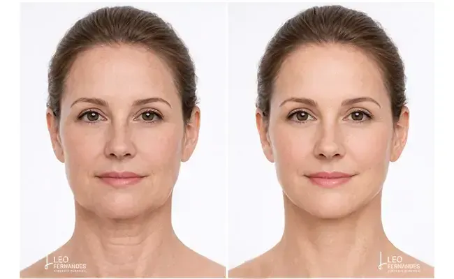 Resultado antes e depois de um mini lifting facial, com mais definição na linha da mandíbula e nas bochechas